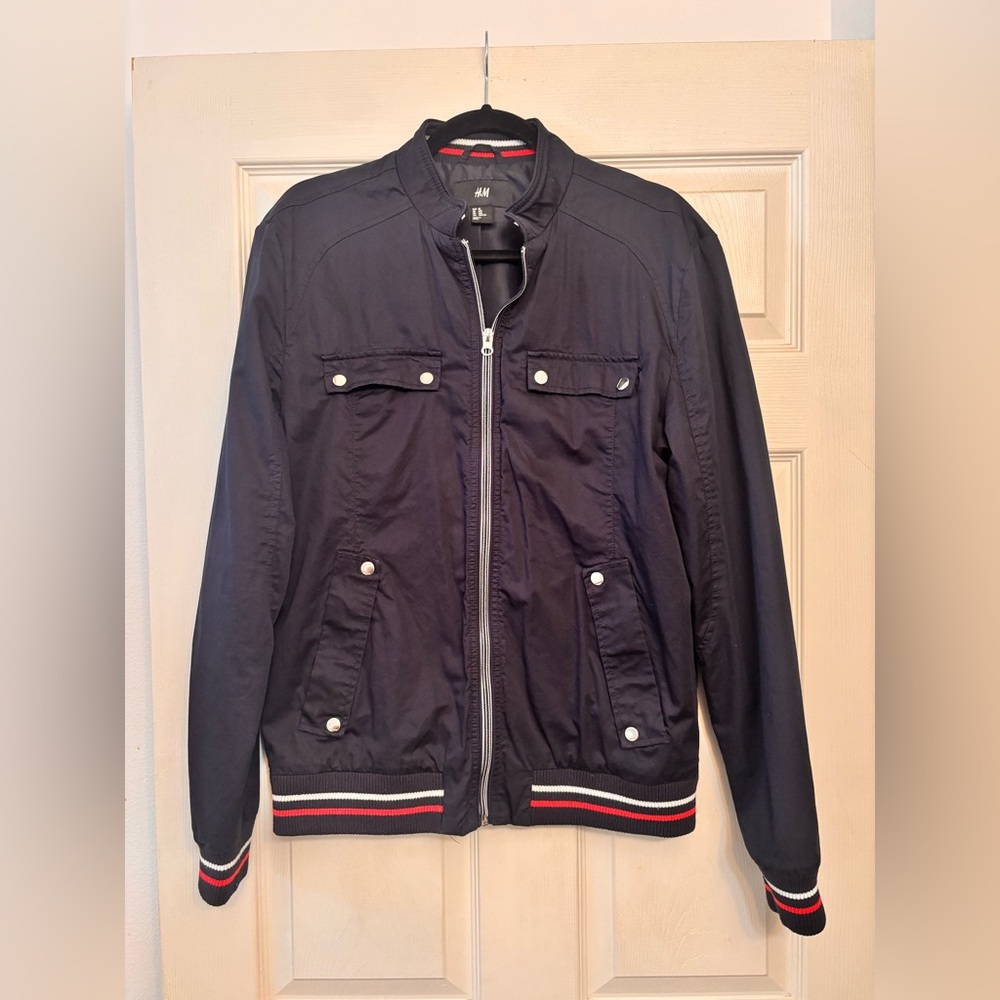 H&M: Blue Bomber Jacket with Red and White Trim